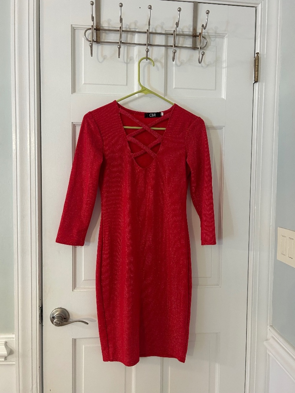 CBR Red Glitter Long Sleeve Dress Lace Up V Neck Bodycon M NWT